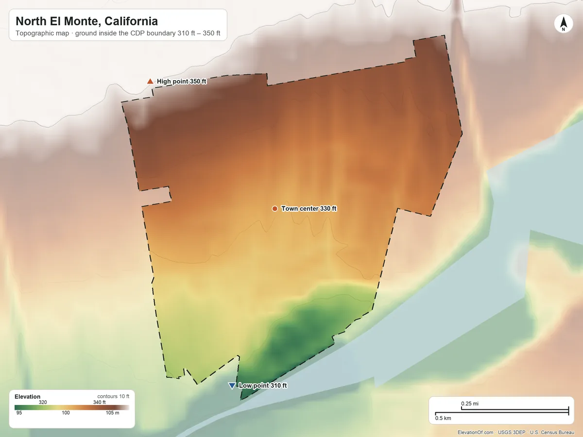 Topographic elevation map of North El Monte, California, shaded from 310 ft on the south side to 350 ft on the northwest side