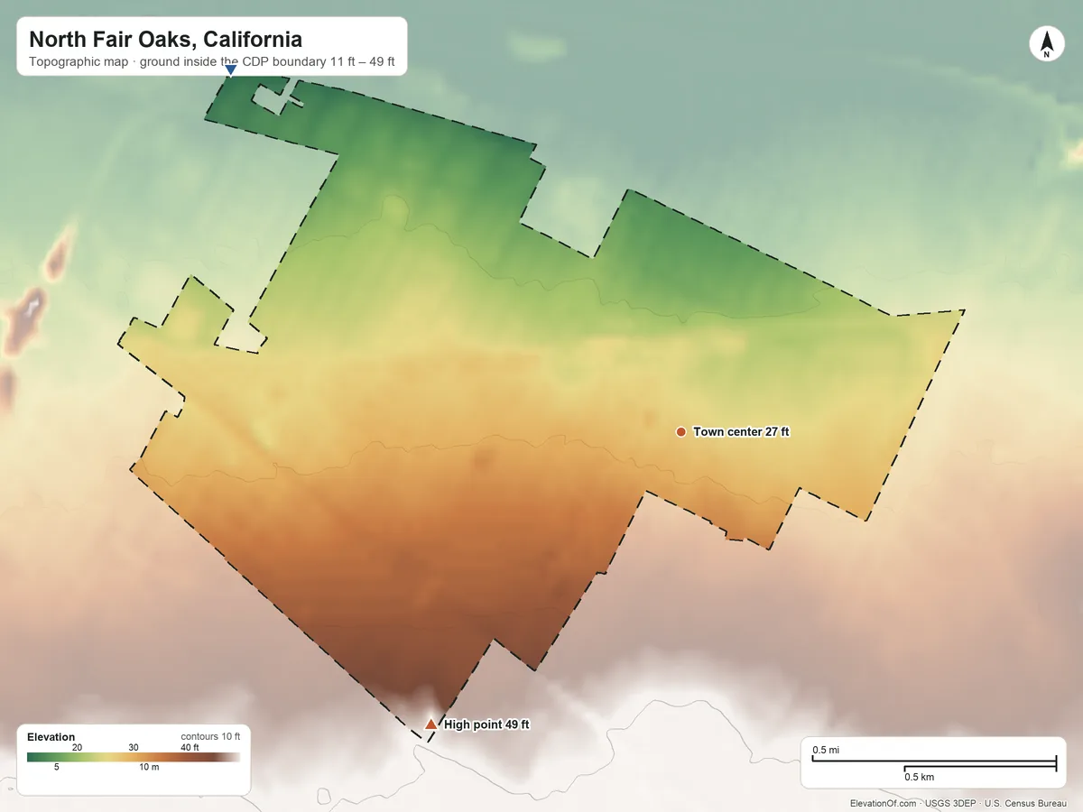 Topographic elevation map of North Fair Oaks, California, shaded from 11 ft on the northwest side to 49 ft on the southwest side
