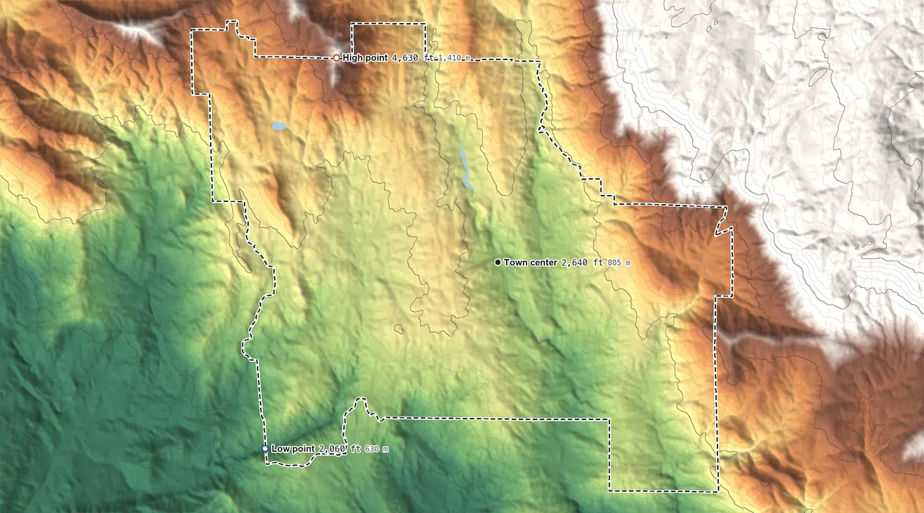Topographic elevation map of North Fork, California, shaded from 2,060 ft on the southwest side to 4,630 ft on the northwest side