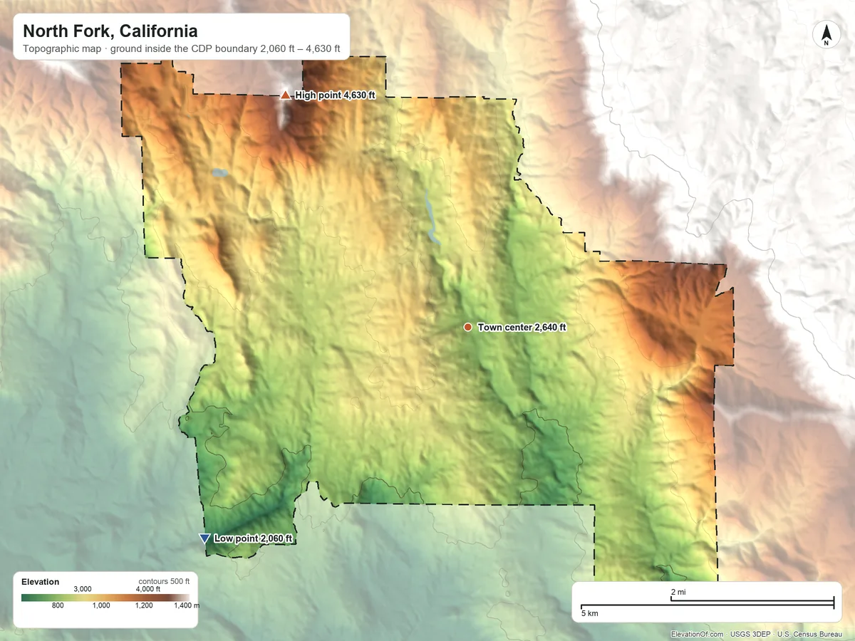 Topographic elevation map of North Fork, California, shaded from 2,060 ft on the southwest side to 4,630 ft on the northwest side