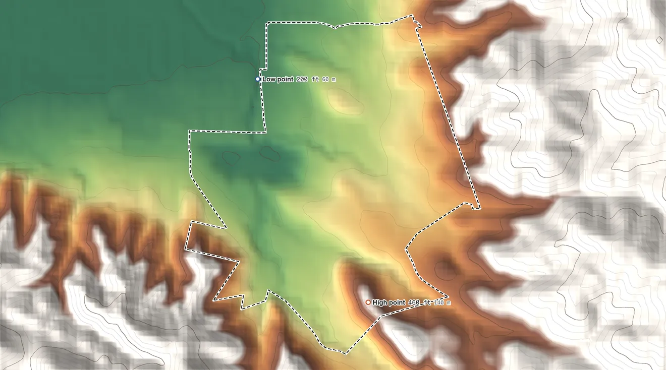 Topographic elevation map of North Gate, California, shaded from 200 ft on the northwest side to 460 ft at the foot of the Hemme Hills