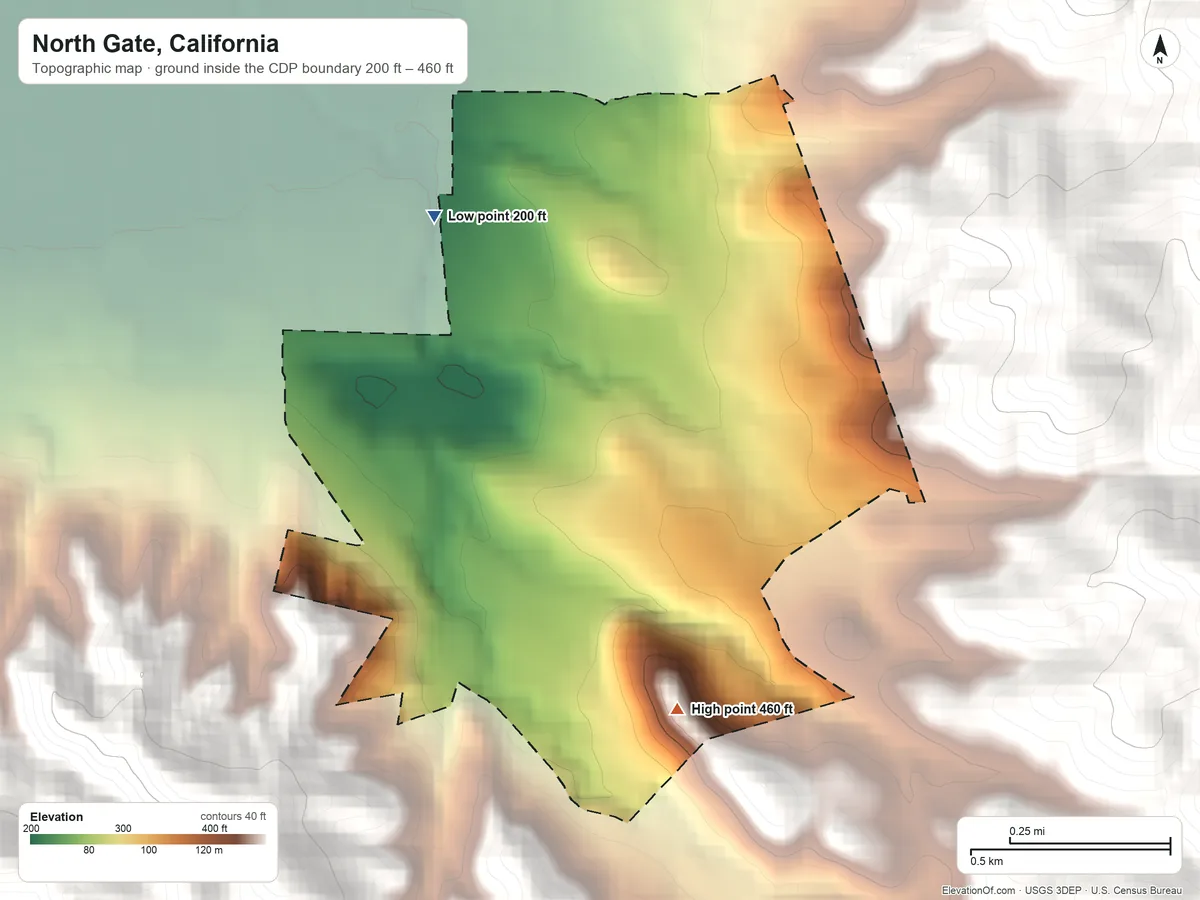 Topographic elevation map of North Gate, California, shaded from 200 ft on the northwest side to 460 ft at the foot of the Hemme Hills