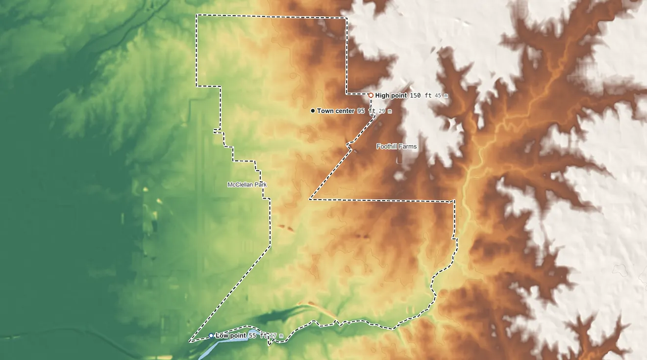 Topographic elevation map of North Highlands, California, shaded from 55 ft on the southwest side to 150 ft on the east side