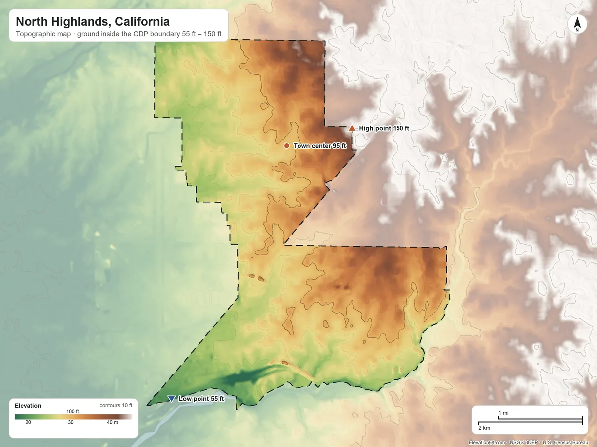 Topographic elevation map of North Highlands, California, shaded from 55 ft on the southwest side to 150 ft on the east side