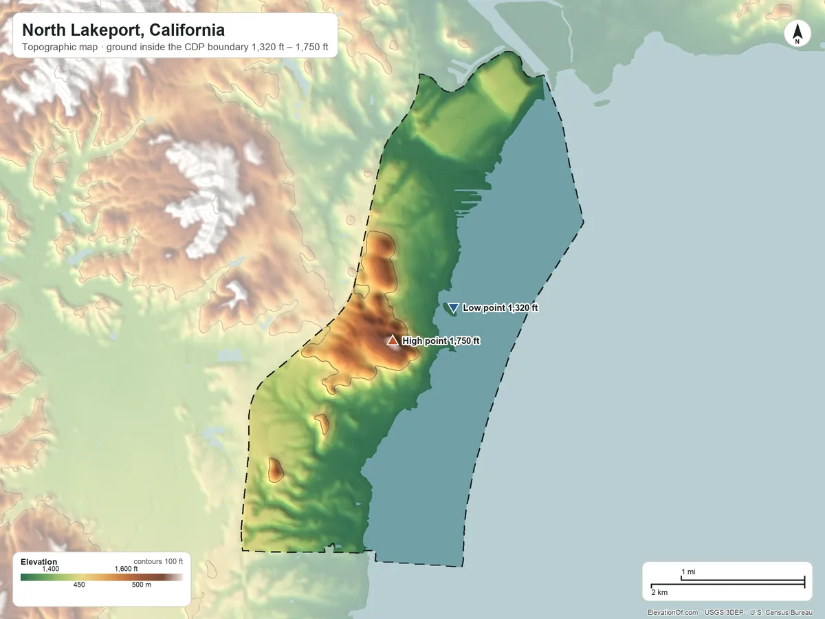 Topographic elevation map of North Lakeport, California, shaded from 1,320 ft on the northeast side to 1,750 ft near the middle