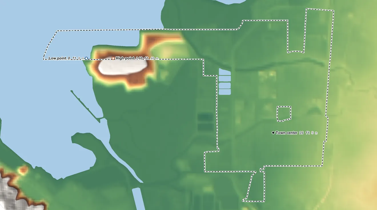 Topographic elevation map of North Richmond, California, shaded from sea level level on San Pablo Bay to 140 ft at the foot of the Berkeley Hills