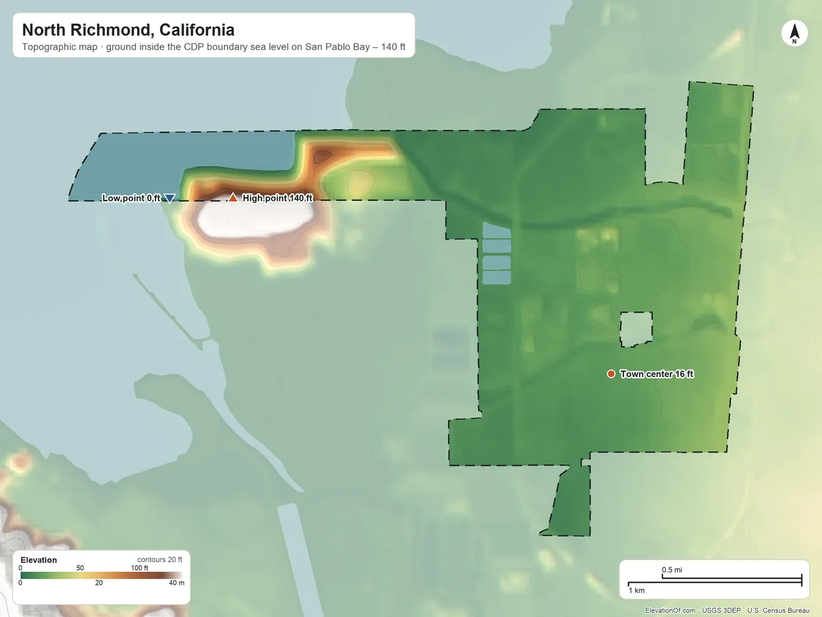 Topographic elevation map of North Richmond, California, shaded from sea level level on San Pablo Bay to 140 ft at the foot of the Berkeley Hills