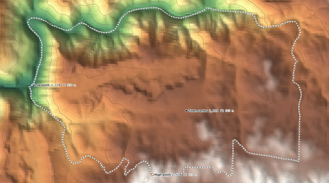 Topographic elevation map of North San Juan, California, shaded from 1,220 ft on the west side to 2,370 ft on the southwest side