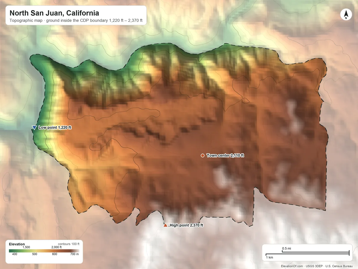 Topographic elevation map of North San Juan, California, shaded from 1,220 ft on the west side to 2,370 ft on the southwest side