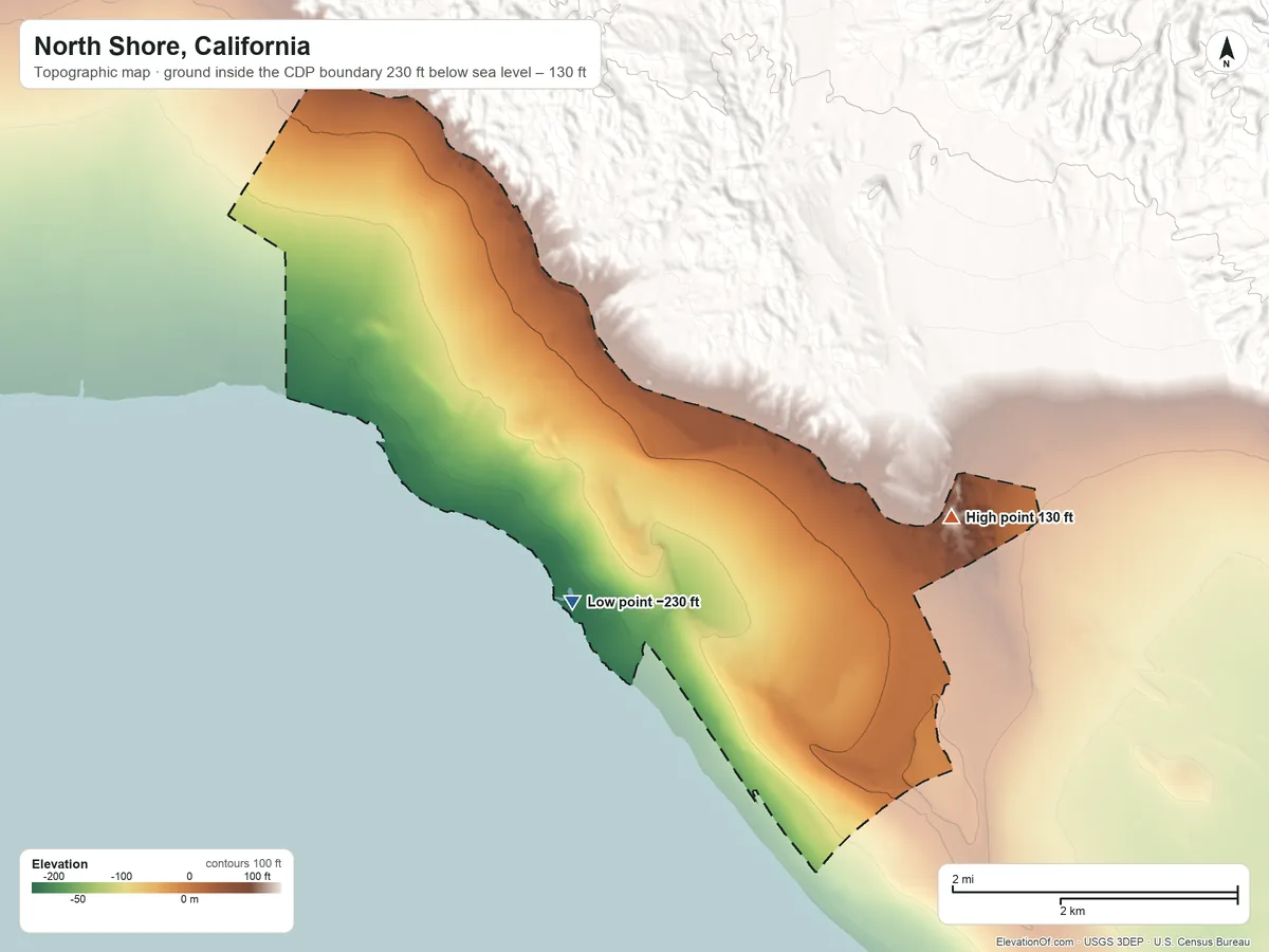 Topographic elevation map of North Shore, California, shaded from −230 ft on the southeast side to 130 ft on the east side