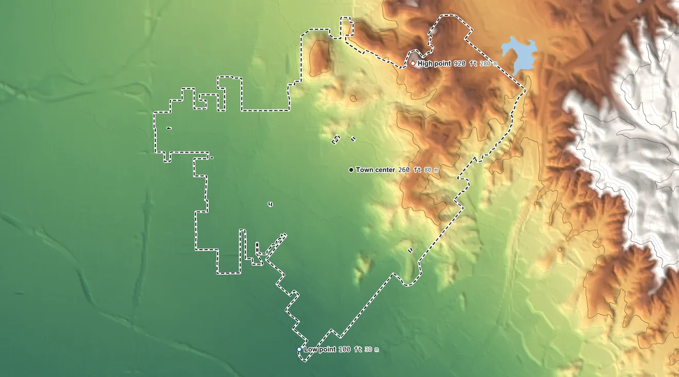 Topographic elevation map of North Tustin, California, shaded from 100 ft on the south side to 920 ft on the northeast side