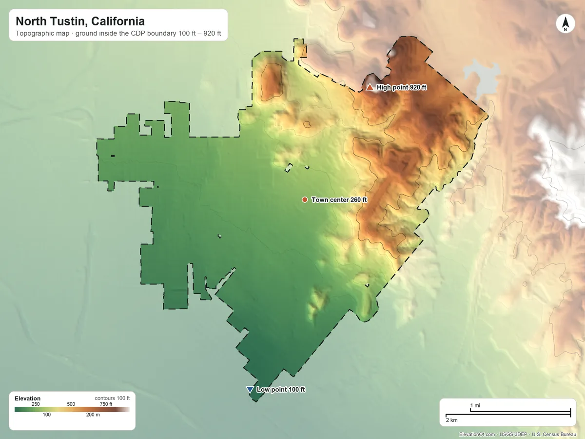 Topographic elevation map of North Tustin, California, shaded from 100 ft on the south side to 920 ft on the northeast side
