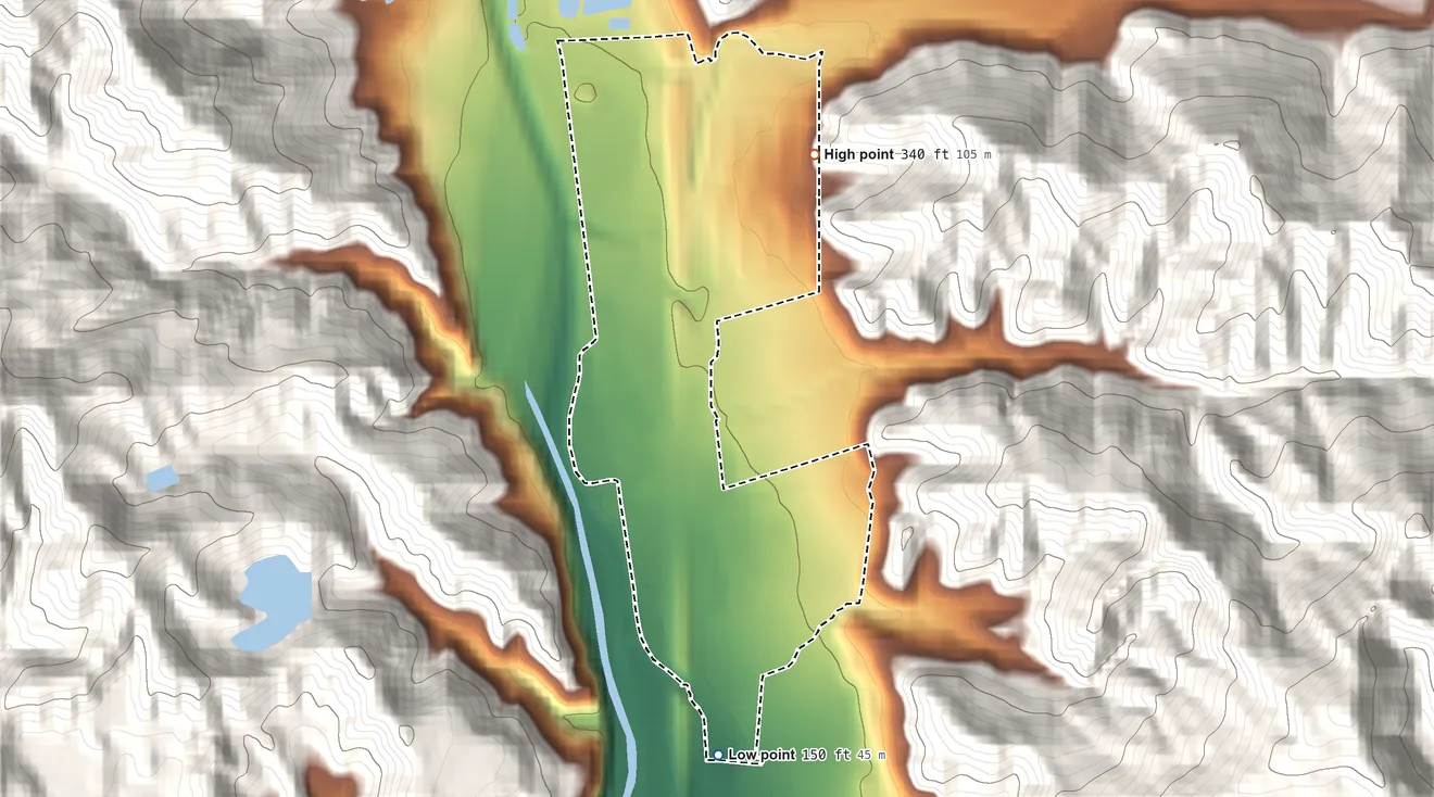 Topographic elevation map of North Ventura Avenue, California, shaded from 150 ft on the south side to 340 ft at the foot of the Santa Ynez Mountains