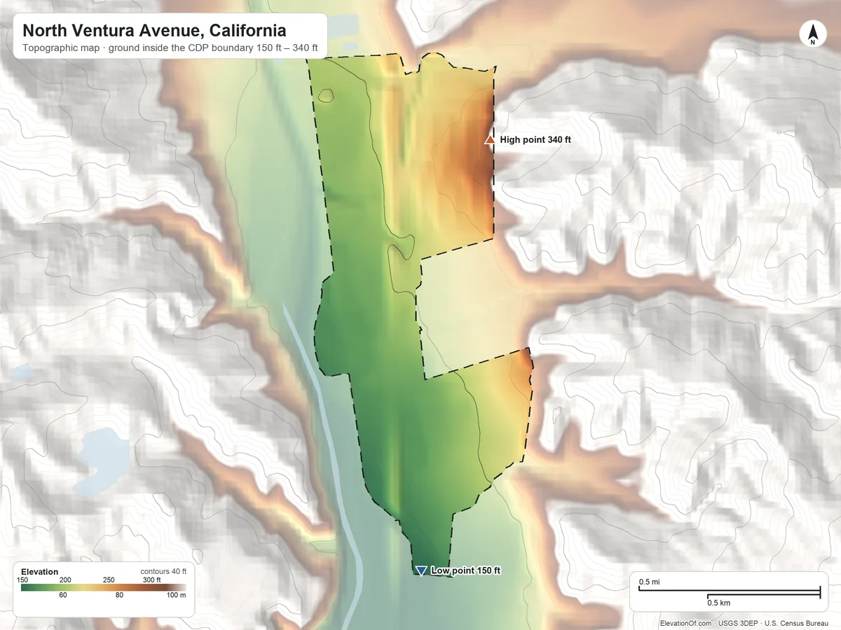 Topographic elevation map of North Ventura Avenue, California, shaded from 150 ft on the south side to 340 ft at the foot of the Santa Ynez Mountains