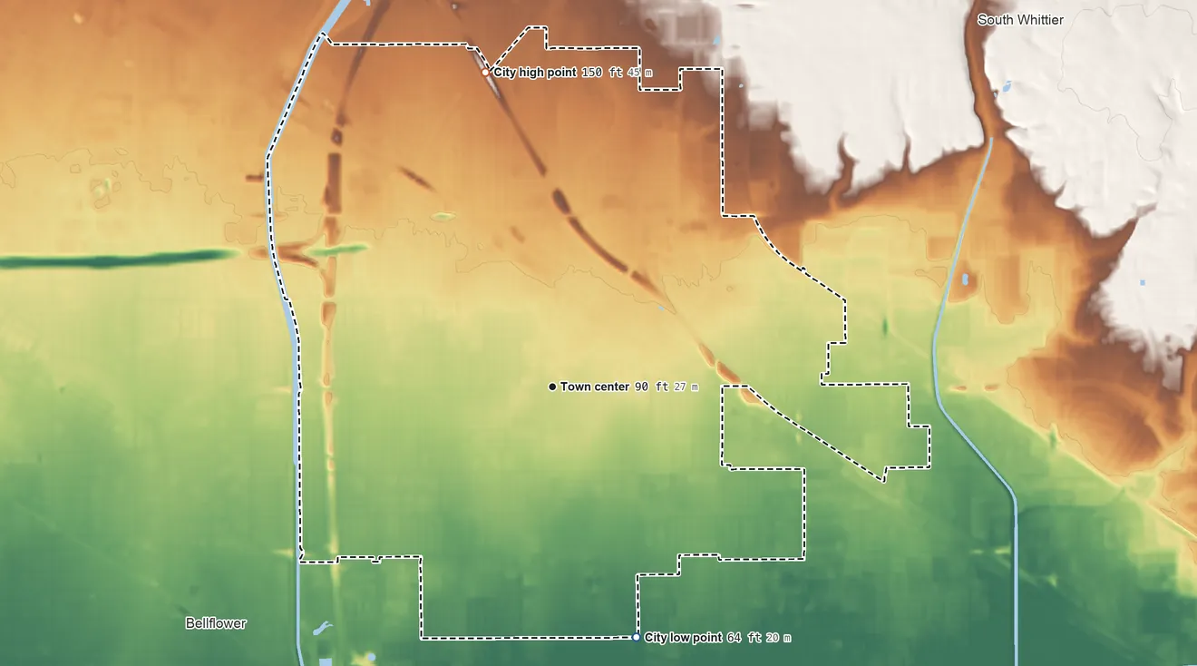 Topographic elevation map of Norwalk, California, shaded from 64 ft on the south side to 150 ft on the north side