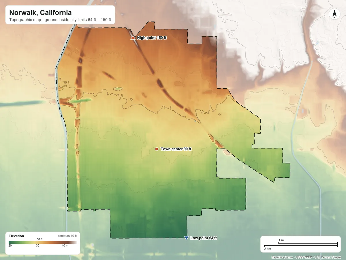 Topographic elevation map of Norwalk, California, shaded from 64 ft on the south side to 150 ft on the north side