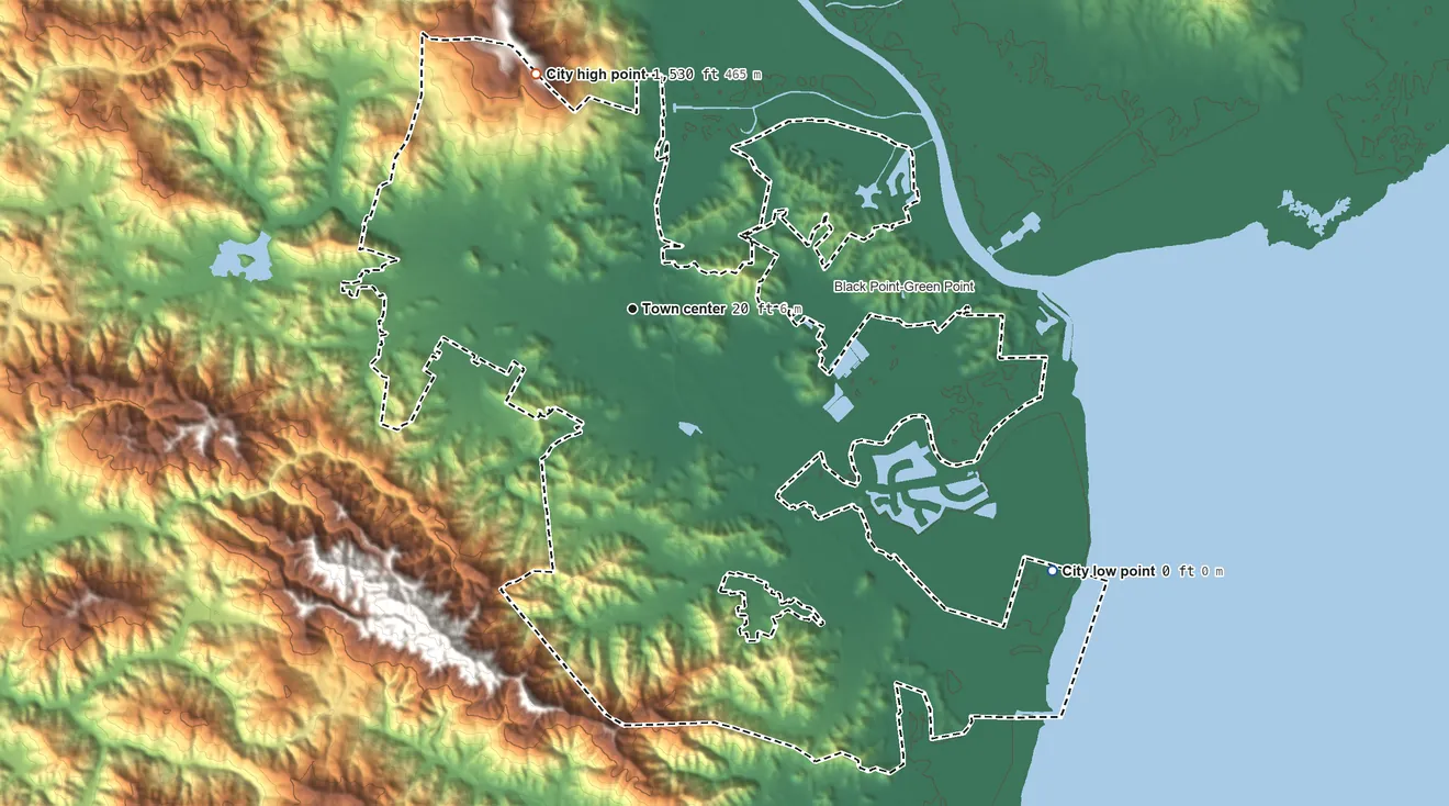 Topographic elevation map of Novato, California, shaded from sea level level on San Pablo Bay to 1,530 ft on the north side