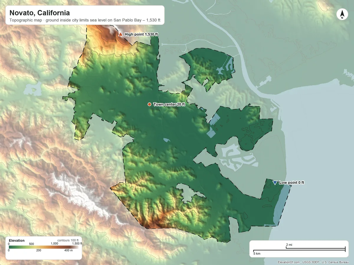 Topographic elevation map of Novato, California, shaded from sea level level on San Pablo Bay to 1,530 ft on the north side