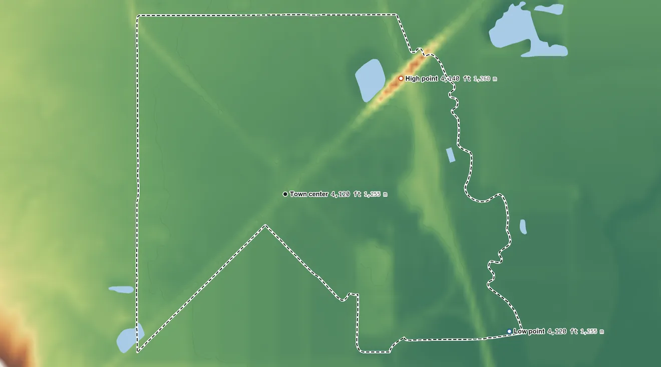 Topographic elevation map of Nubieber, California, shaded from 4,120 ft on the southeast side to 4,140 ft on the northeast side