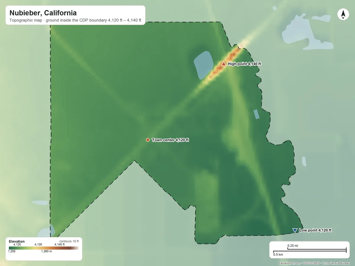 Topographic elevation map of Nubieber, California, shaded from 4,120 ft on the southeast side to 4,140 ft on the northeast side