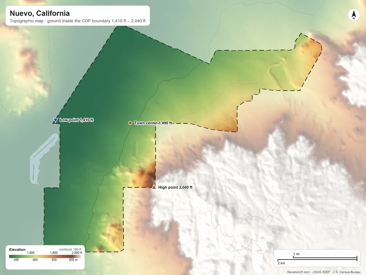 Topographic elevation map of Nuevo, California, shaded from 1,410 ft on the west side to 2,040 ft at the foot of the Lakeview Mountains