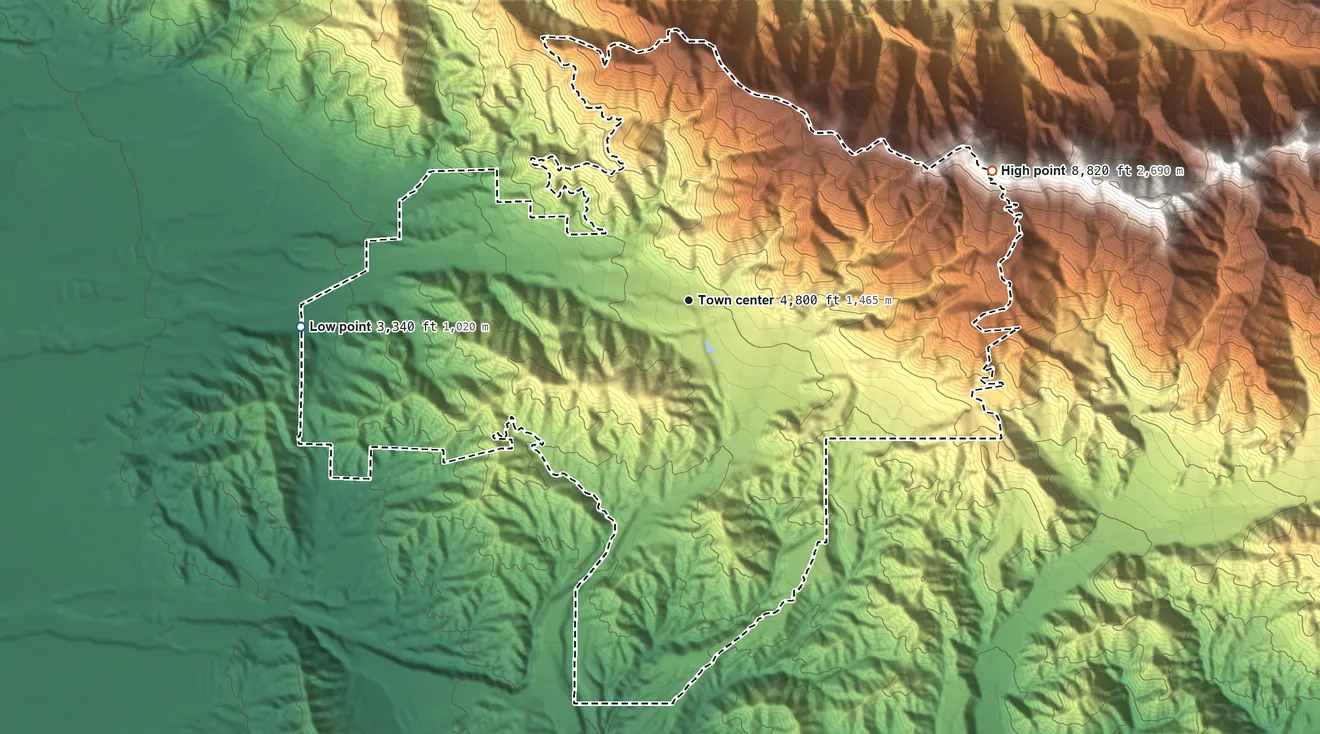 Topographic elevation map of Oak Glen, California, shaded from 3,340 ft on the west side to 8,820 ft on the northeast side