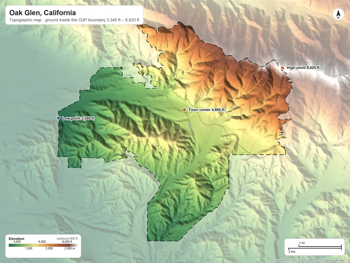 Topographic elevation map of Oak Glen, California, shaded from 3,340 ft on the west side to 8,820 ft on the northeast side