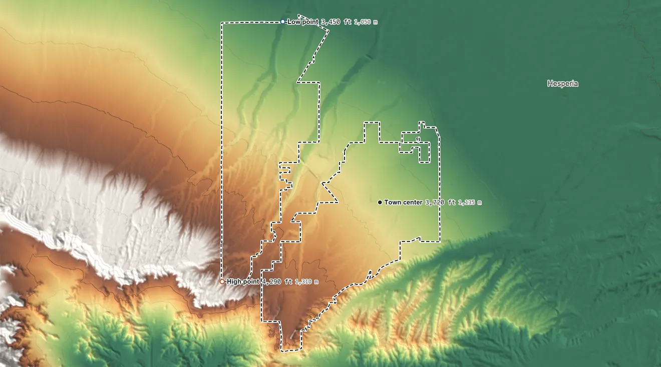 Topographic elevation map of Oak Hills, California, shaded from 3,450 ft on the northwest side to 4,290 ft on the southwest side
