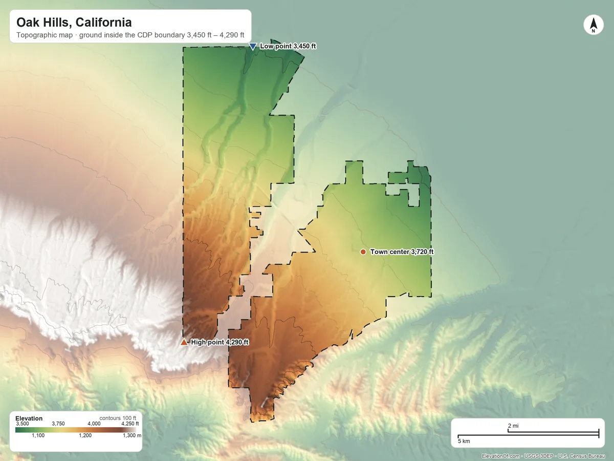 Topographic elevation map of Oak Hills, California, shaded from 3,450 ft on the northwest side to 4,290 ft on the southwest side