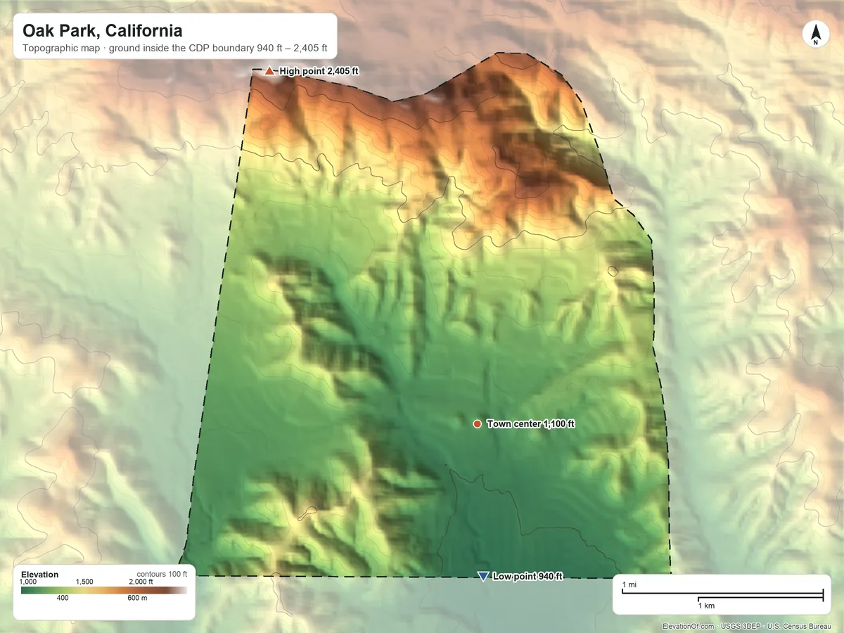 Topographic elevation map of Oak Park, California, shaded from 940 ft on the south side to 2,405 ft on Simi Peak