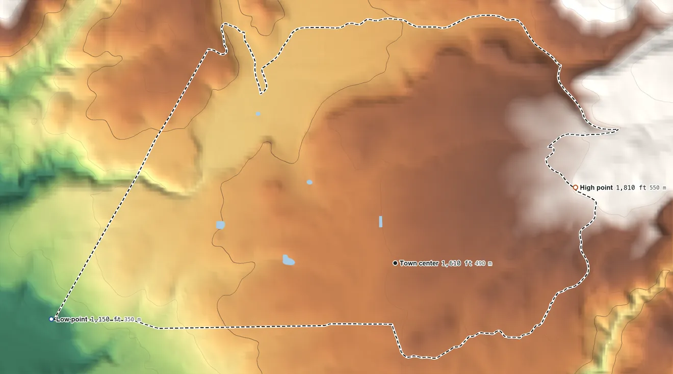 Topographic elevation map of Oak Run, California, shaded from 1,150 ft on the west side to 1,810 ft on the northeast edge, below higher ground just outside
