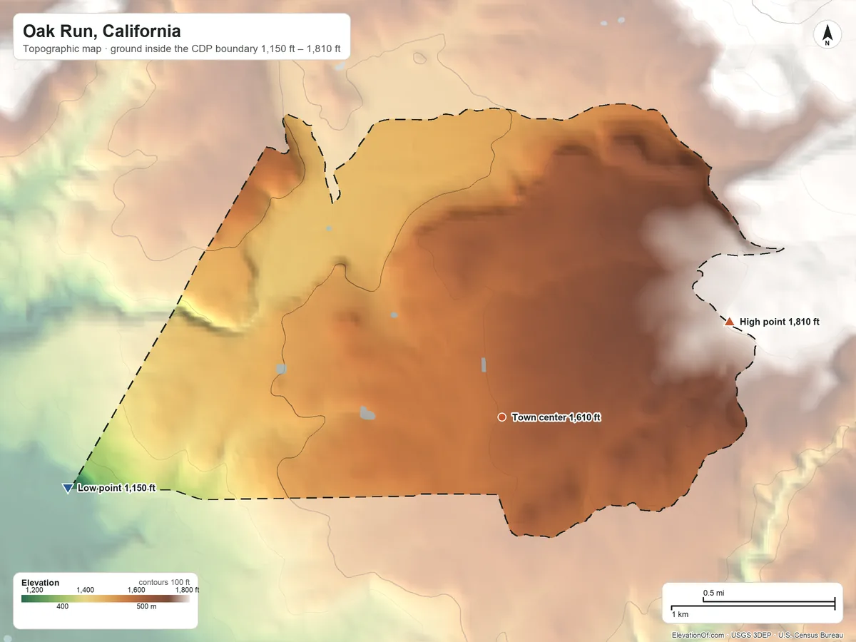 Topographic elevation map of Oak Run, California, shaded from 1,150 ft on the west side to 1,810 ft on the northeast edge, below higher ground just outside