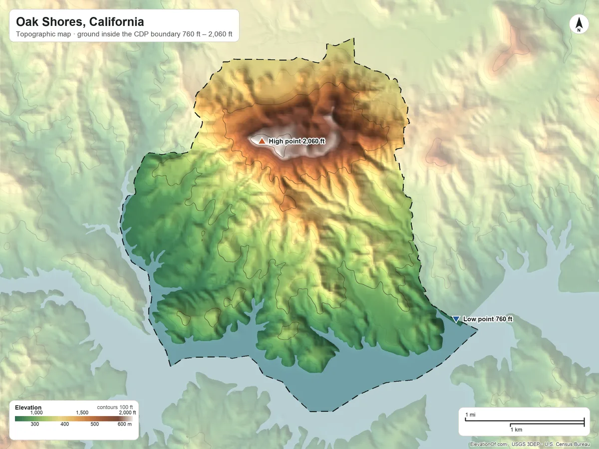 Topographic elevation map of Oak Shores, California, shaded from 760 ft on the east side to 2,060 ft on Tierra Redonda Mountain