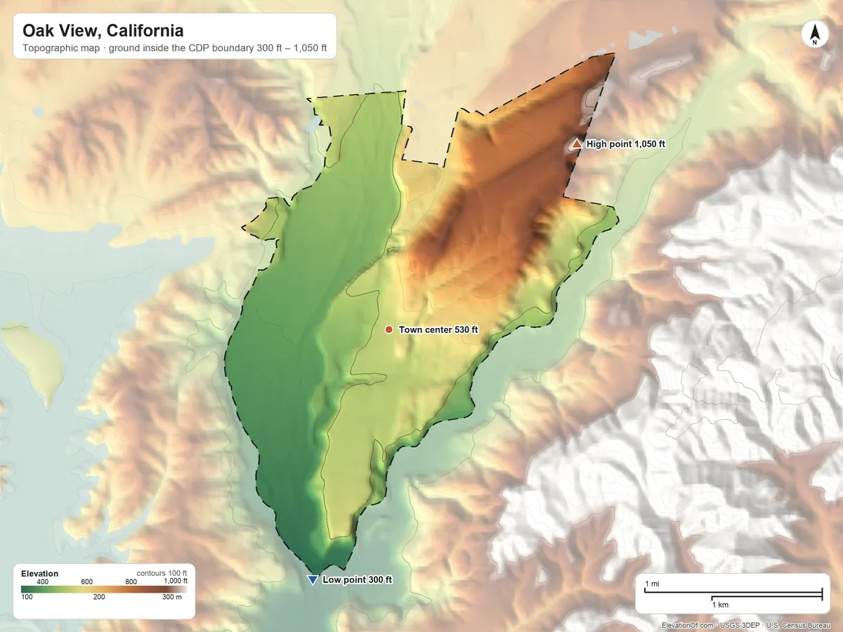 Topographic elevation map of Oak View, California, shaded from 300 ft on the south side to 1,050 ft at the foot of the Santa Ynez Mountains