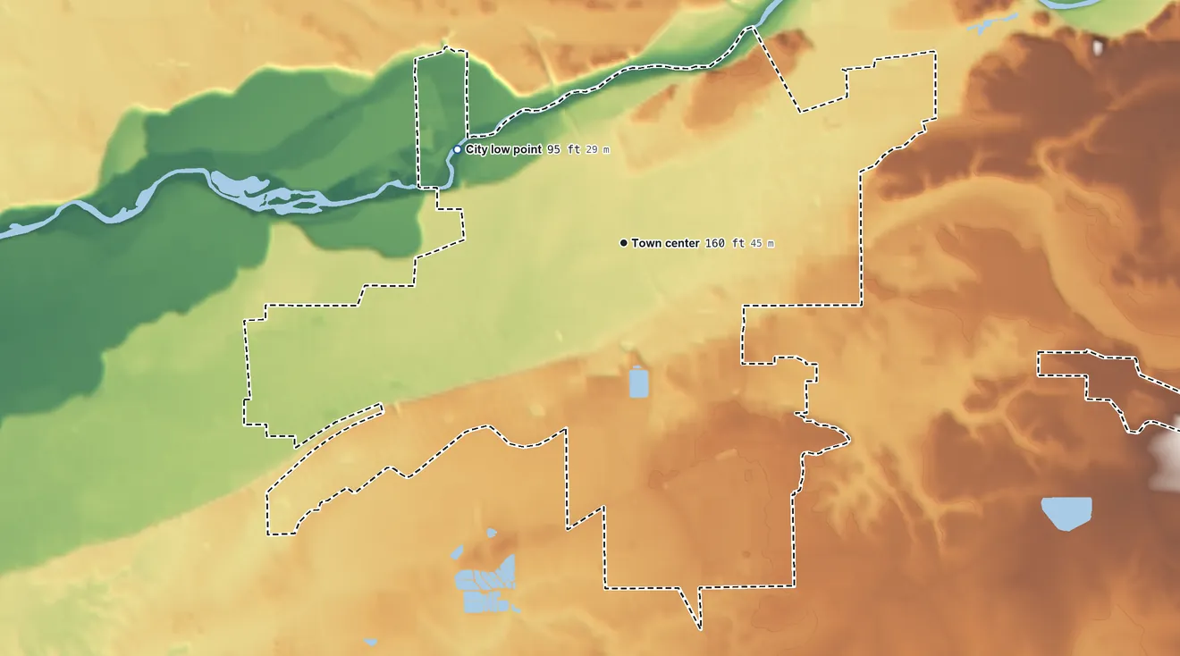 Topographic elevation map of Oakdale, California, shaded from 95 ft on the northwest side to 270 ft on the east side