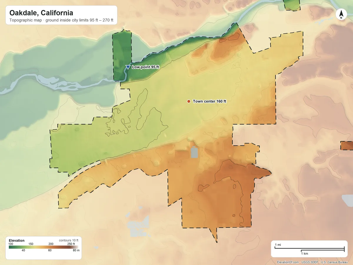 Topographic elevation map of Oakdale, California, shaded from 95 ft on the northwest side to 270 ft on the east side