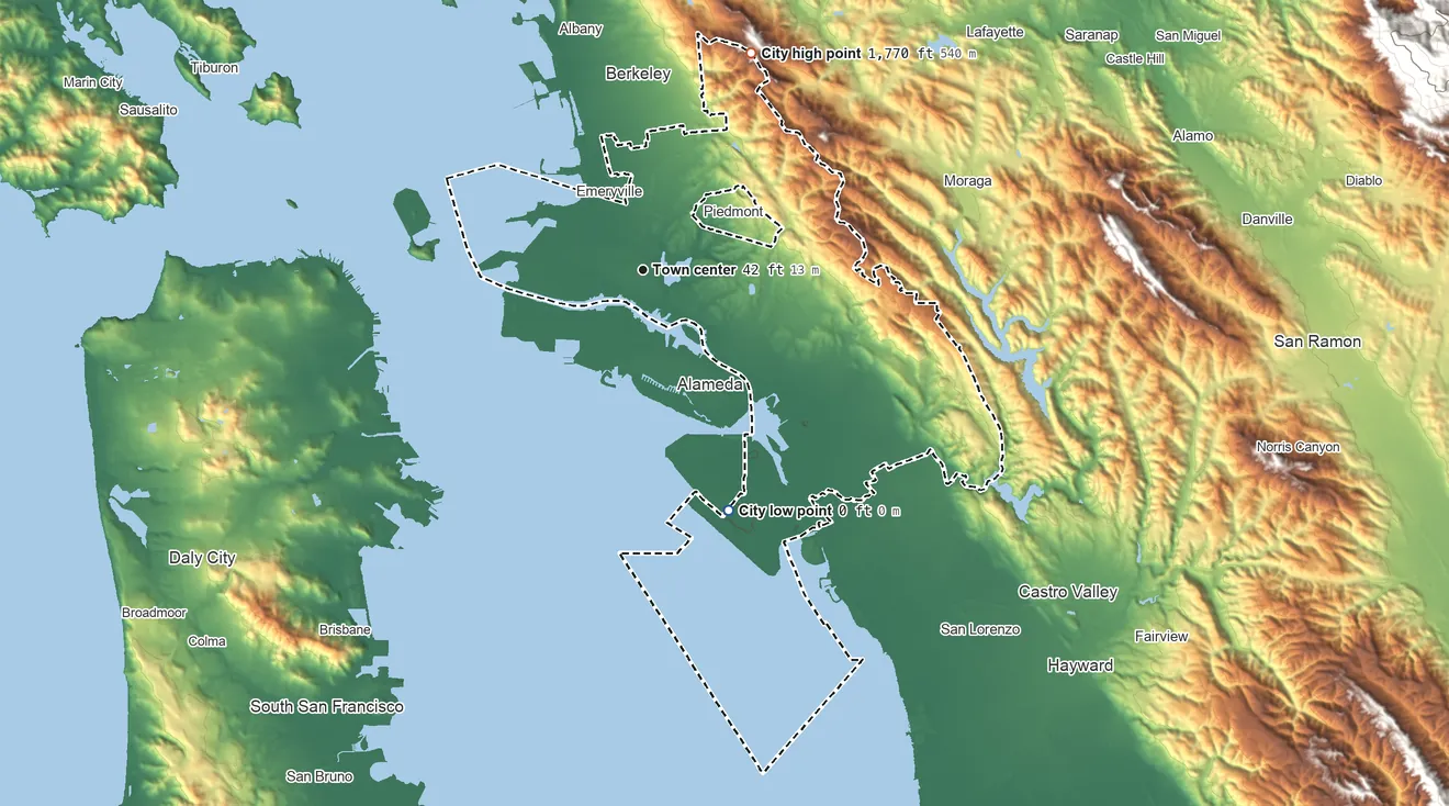 Topographic elevation map of Oakland, California, shaded from sea level level on San Francisco Bay to 1,770 ft on the northeast edge, below higher ground just outside