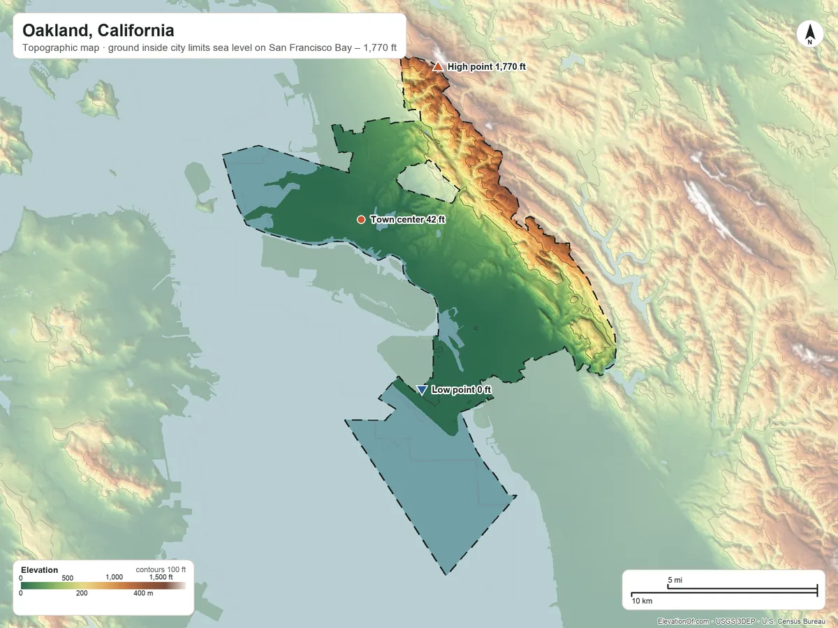 Topographic elevation map of Oakland, California, shaded from sea level level on San Francisco Bay to 1,770 ft on the northeast edge, below higher ground just outside