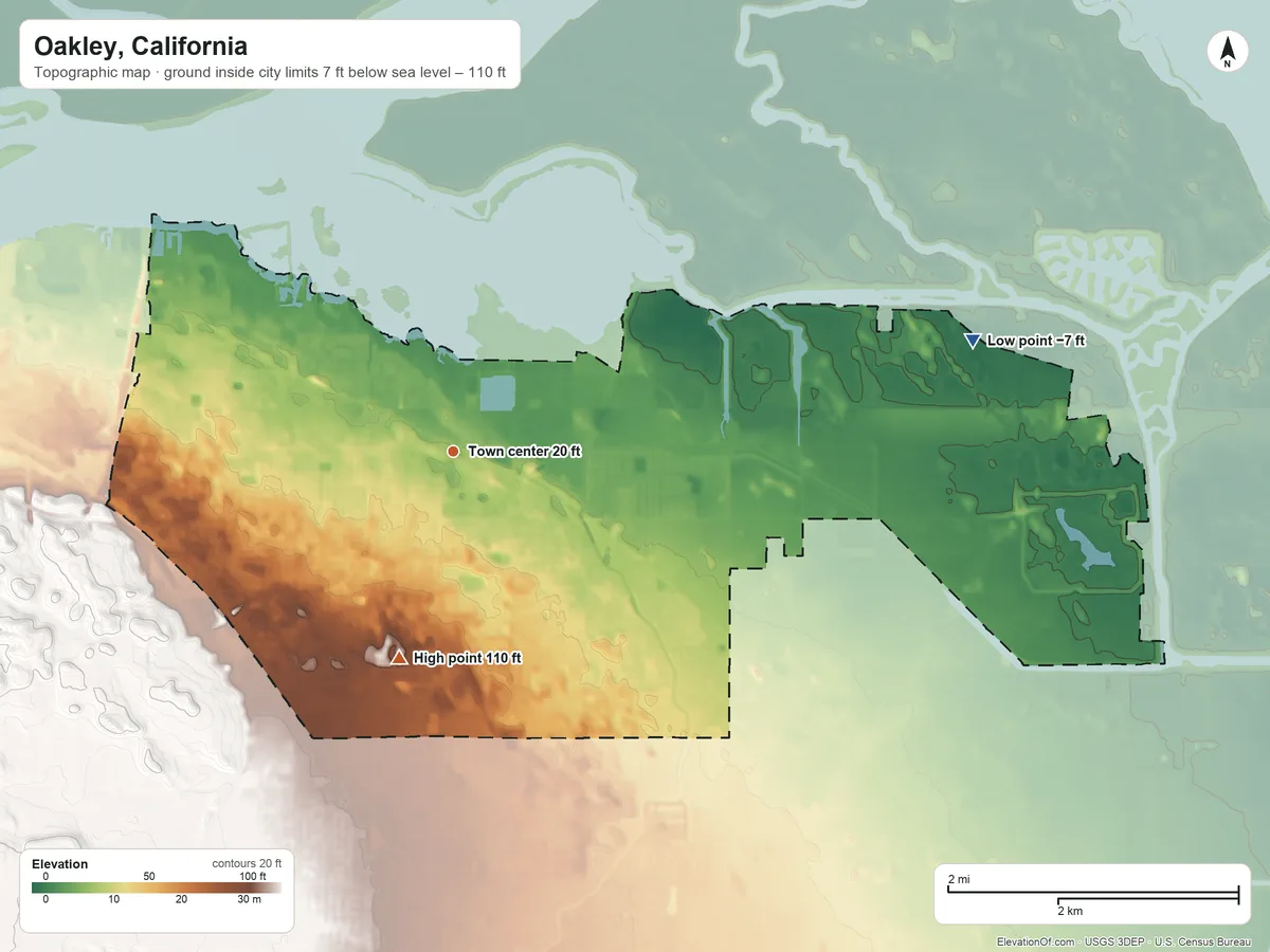 Topographic elevation map of Oakley, California, shaded from −7 ft on the east side to 110 ft on the south side