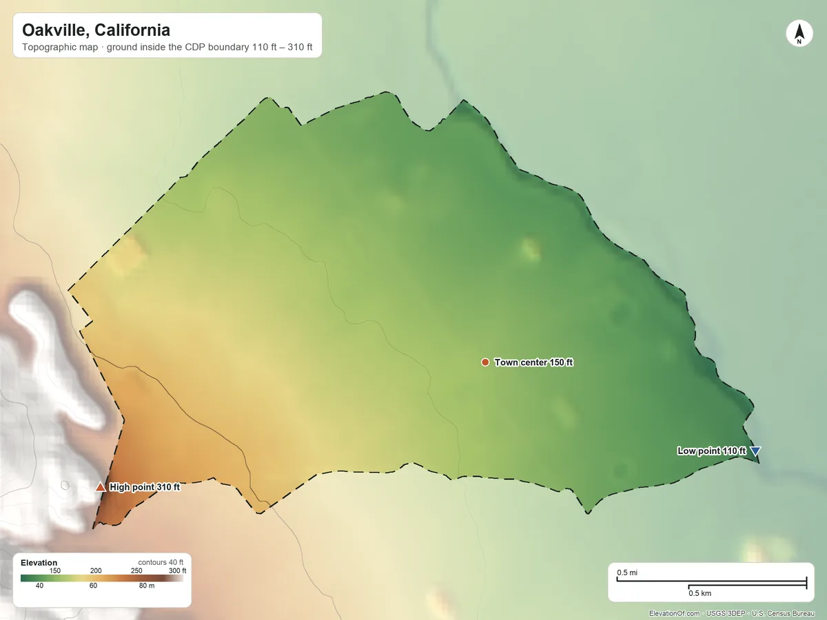 Topographic elevation map of Oakville, California, shaded from 110 ft on the east side to 310 ft at the foot of the Yountville Hills