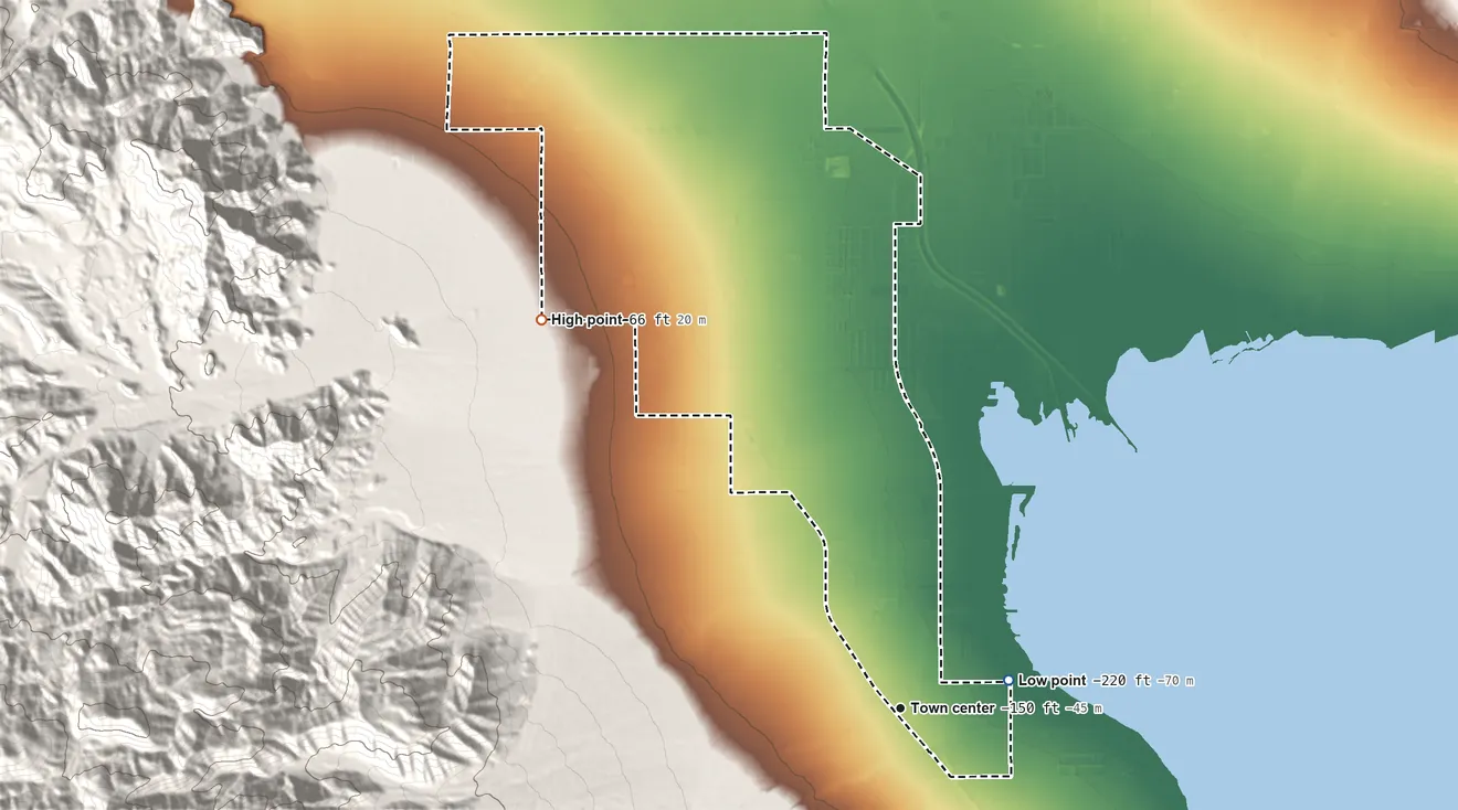 Topographic elevation map of Oasis, California, shaded from −220 ft on the east side to 66 ft at the foot of the Mecca Hills