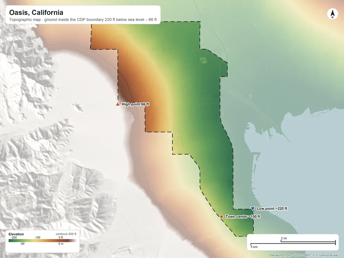 Topographic elevation map of Oasis, California, shaded from −220 ft on the east side to 66 ft at the foot of the Mecca Hills