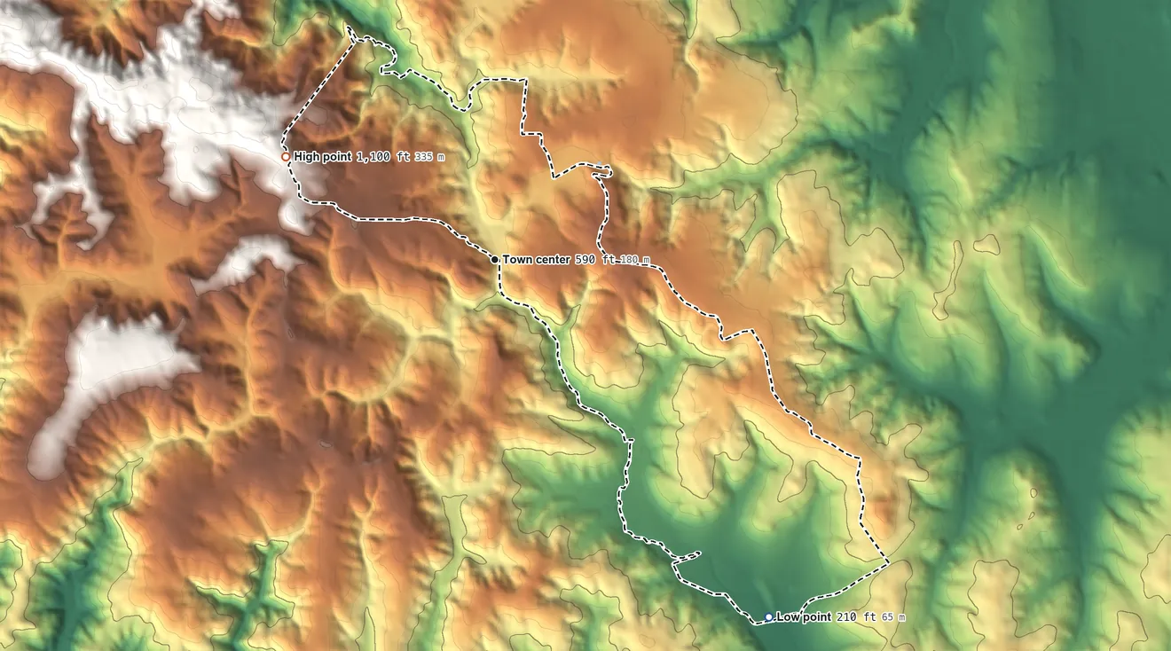 Topographic elevation map of Occidental, California, shaded from 210 ft on the southeast side to 1,100 ft on the northwest side