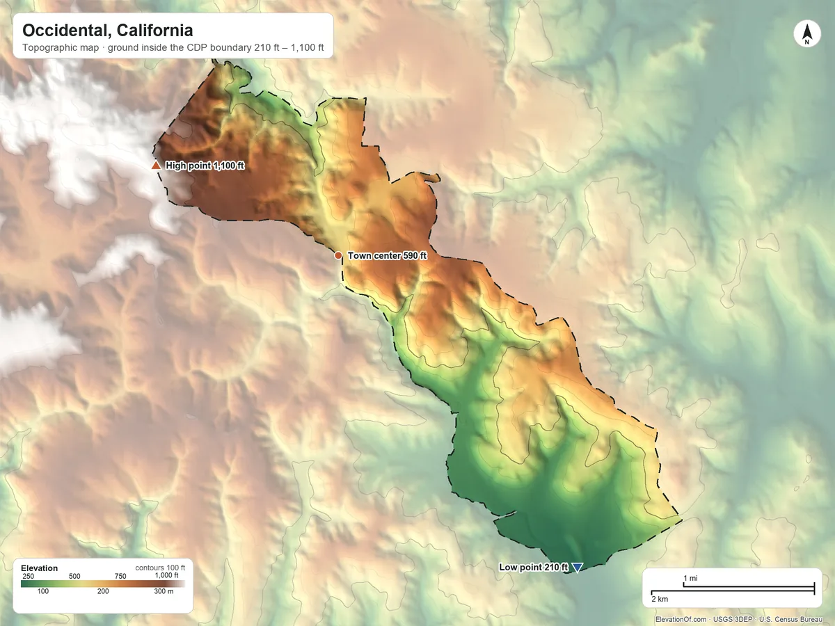 Topographic elevation map of Occidental, California, shaded from 210 ft on the southeast side to 1,100 ft on the northwest side