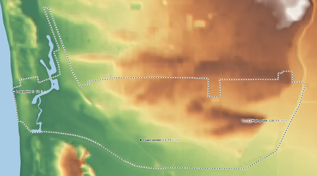 Topographic elevation map of Oceano, California, shaded from 5 ft on the west side to 120 ft on the east side