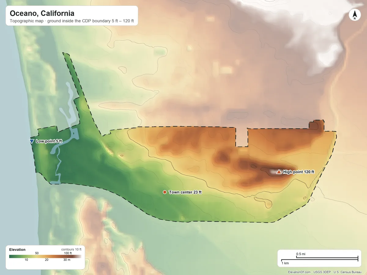 Topographic elevation map of Oceano, California, shaded from 5 ft on the west side to 120 ft on the east side