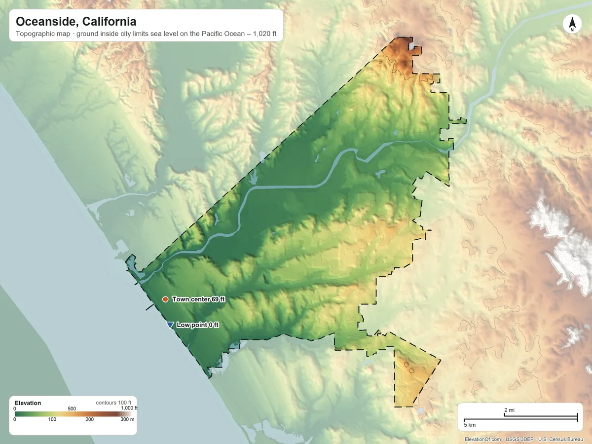 Topographic elevation map of Oceanside, California, shaded from sea level level on the Pacific Ocean to 1,020 ft at the foot of the Merriam Mountains