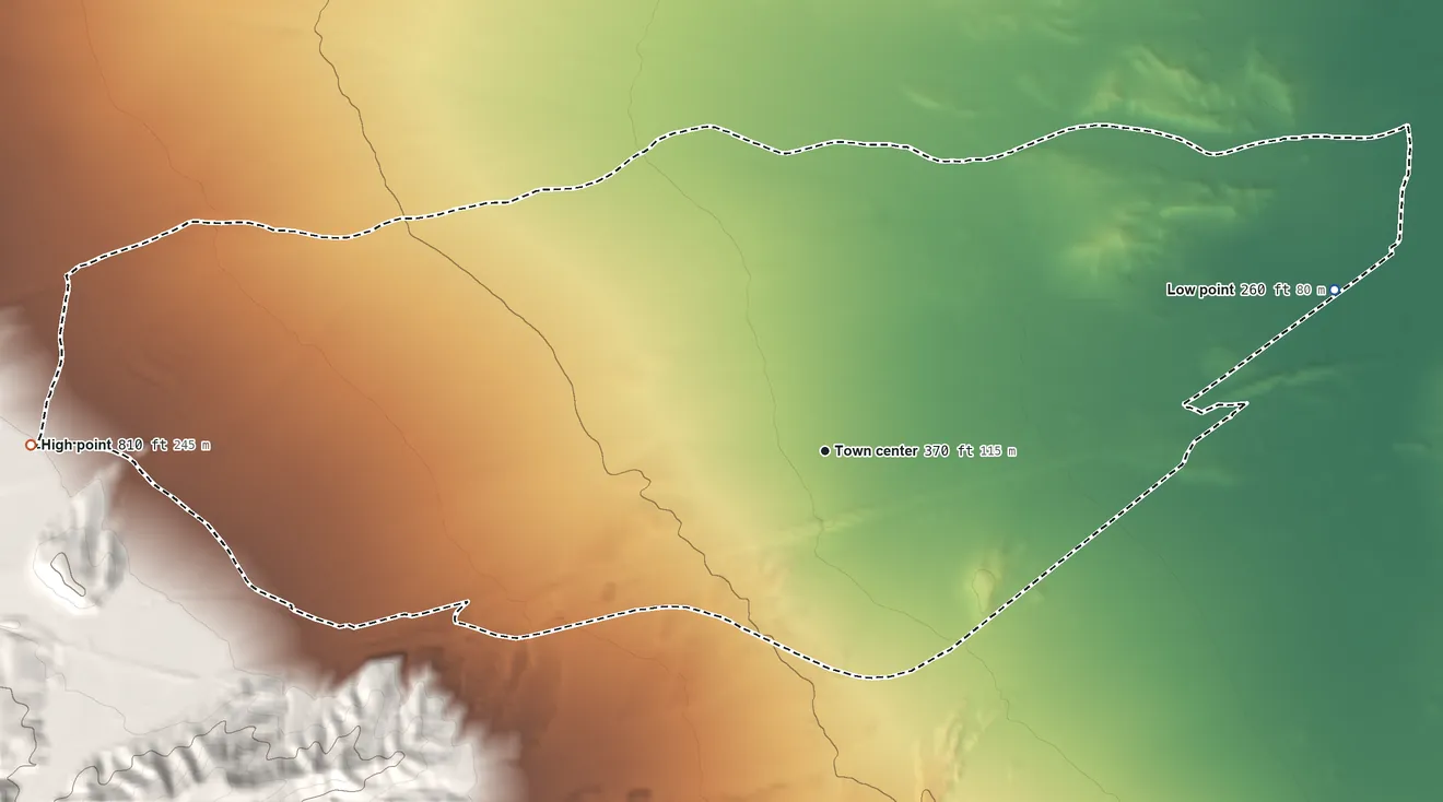 Topographic elevation map of Ocotillo, California, shaded from 260 ft on the east side to 810 ft at the foot of the Volcanic Hills