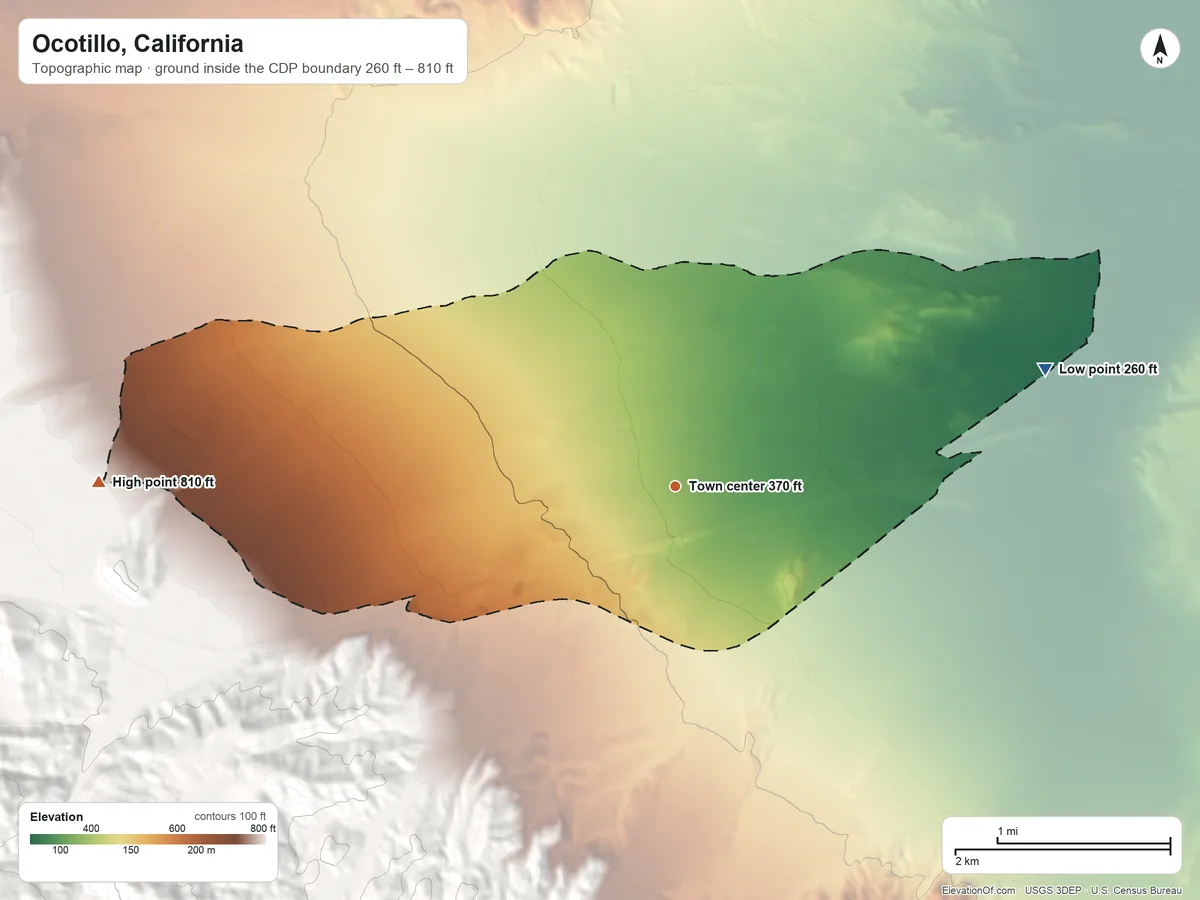 Topographic elevation map of Ocotillo, California, shaded from 260 ft on the east side to 810 ft at the foot of the Volcanic Hills