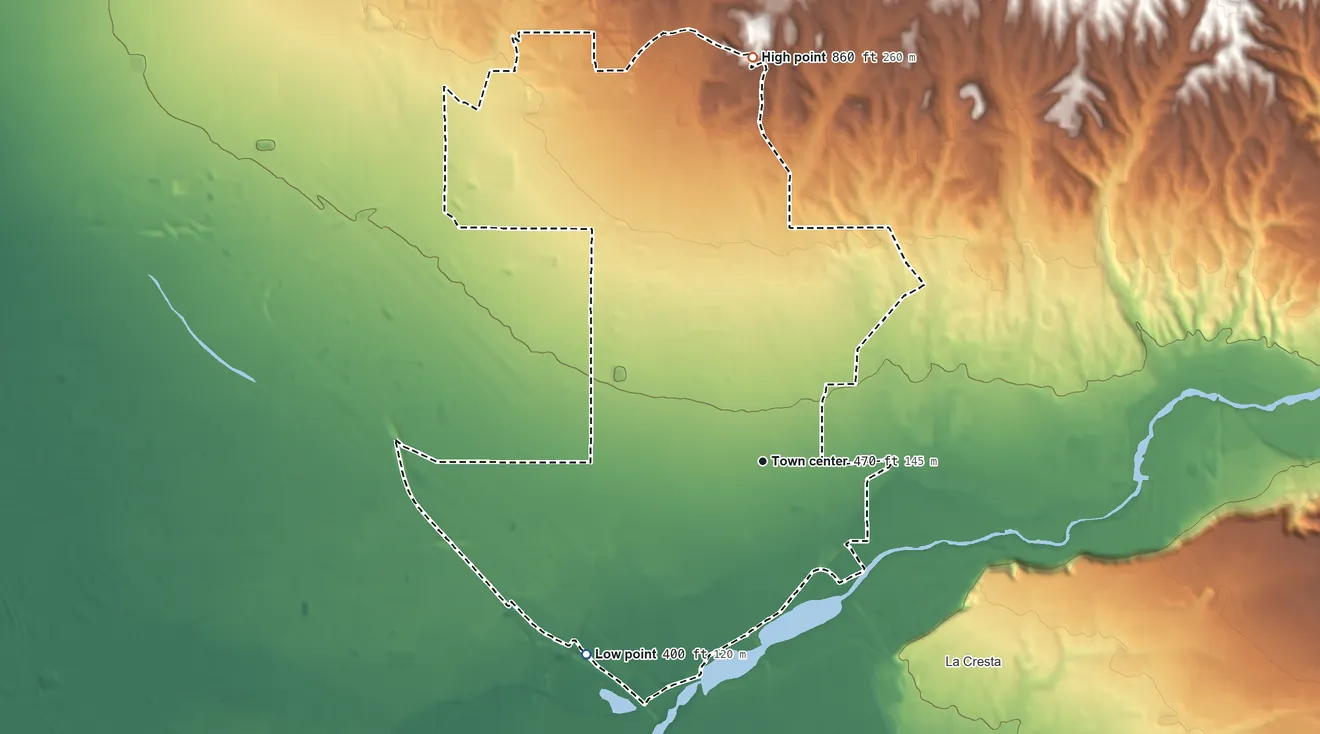 Topographic elevation map of Oildale, California, shaded from 400 ft on the southwest side to 860 ft on the north side
